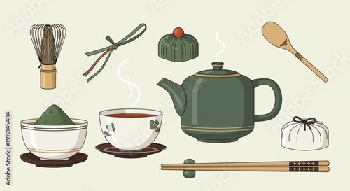 Illustration of a traditional Japanese matcha tea set with utensils.