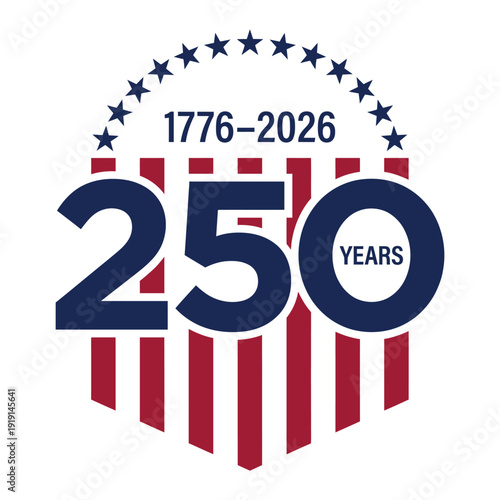 USA 250 Years Anniversary 1776–2026 Patriotic Shield with Stars and Stripes Vector Design