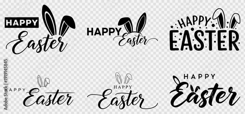 Happy Easter text vector collection with 6 unique black and white typography designs. Includes various bunny ear illustrations and decorative elements for holiday greetings. Created in a flat