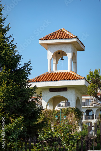 Bell tower with terracotta roof in Dinevi Resort, Sveti Vlas, Bulgaria
