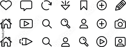 User interface vector icons, heart speech bubble refresh download bookmark add pencil house play search profile camera graphics, app design elements