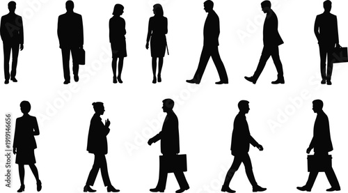 Business people silhouette vector illustrations, professional corporate walking standing briefcase handbag artwork, office workforce diversity graphics for design projects