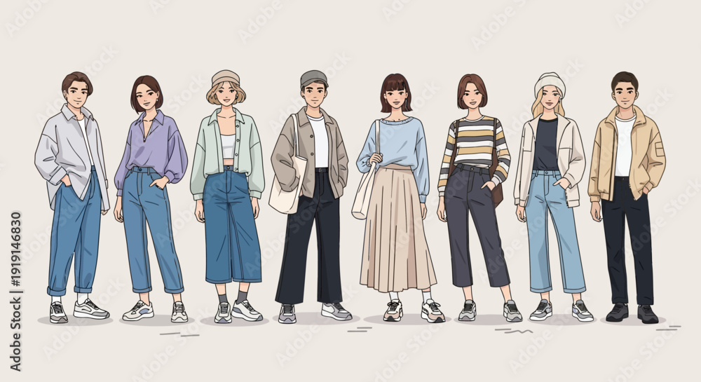 Fototapeta premium Youth Lifestyle Cartoon Characters – Casual Modern People Illustration