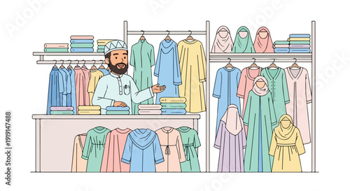 Illustration of a man standing behind a clothing counter with various garments on shelves and racks in a shop.