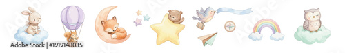 Watercolor baby nursery clipart set with bunny, fox, bear, owl, rainbow, moon, clouds, balloon and bird Collection of Vector illustrations. Perfect for invitation, card, poster, banner, decoration