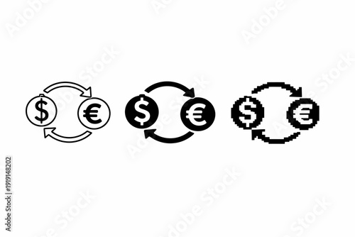 Currency exchange symbols: dollar and euro arrows in three styles