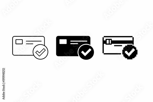 Set of credit card icons with check marks: outline, solid, pixel art styles