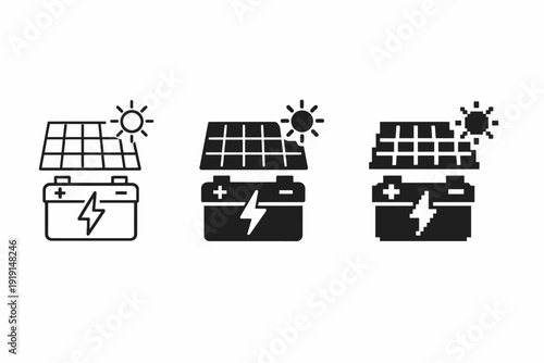 Solar energy battery icons with sun and lightening bolt in black and white