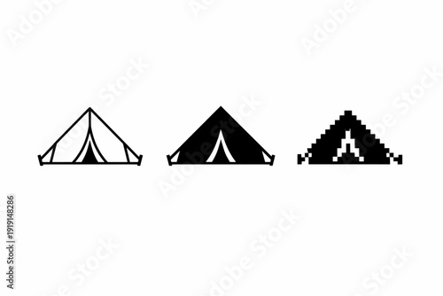 Minimalist vector icons of tents: line, solid, pixel styles