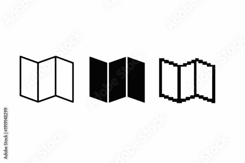 Set of minimalist black and white map icons with folded design