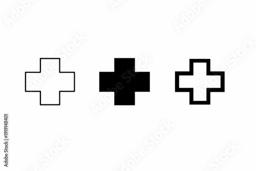 Three variations of plus symbol: outline, solid, and bold designs in black