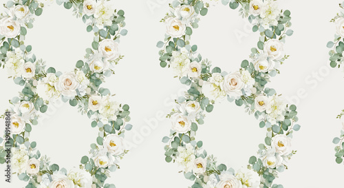 Elegant White Rose and Eucalyptus Wreath Pattern