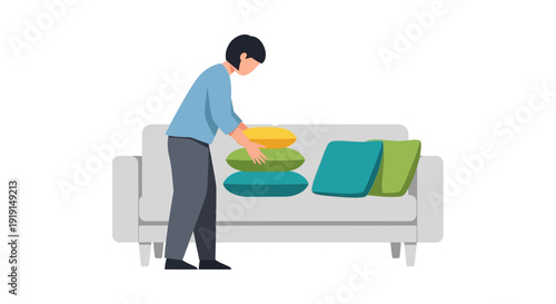 Man Arranging Pillows on White Sofa.