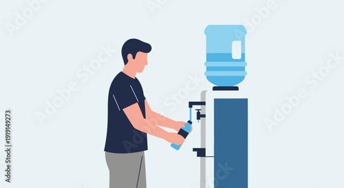 Man Filling Bottle at Water Cooler.