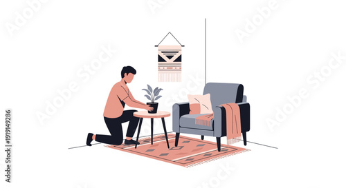 Man Kneeling Beside Chair and Plant.