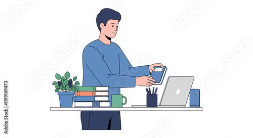 Man working on laptop at desk illustration.