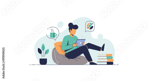 Woman Relaxing with Laptop on Beanbag Chair.