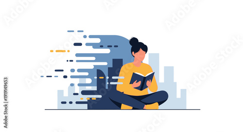 Woman Sitting Cross Legged Reading Book.