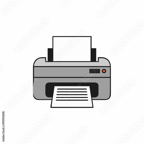 Gray Multifunction Printer Device Printing Documents with Output Tray and Input Paper on White Background Studio Lighting Flat Design Illustration