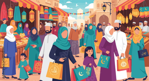 Crowded Muslim Market Street during Eid

