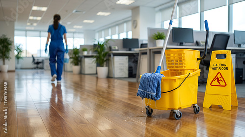 Yellow cleaning bucket, blue mop, caution wet floor sign and professional female cleaner at the office. Banner template for commercial cleaning service and work concept for business.