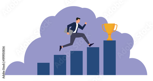 businessman professional step up growing bar graph to win the trophy