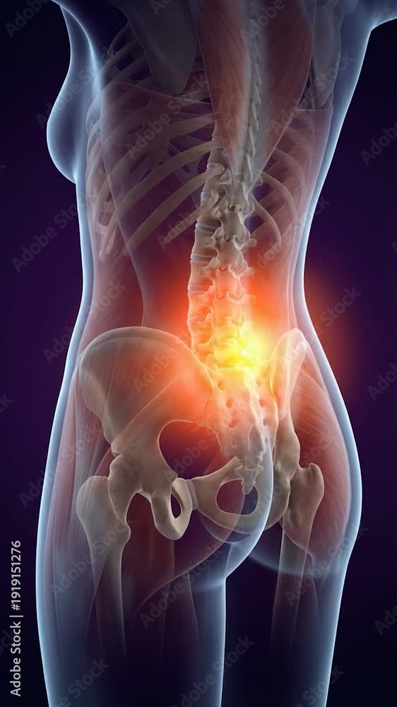 3D medical illustration of lower back pain with highlighted lumbar ...