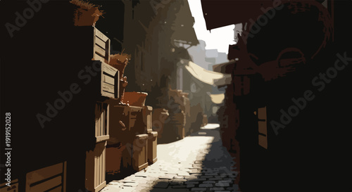 Narrow alleyway with stacked wooden crates and boxes in a dimly lit, rustic urban setting with a cobblestone street and warm, cinematic lighting.