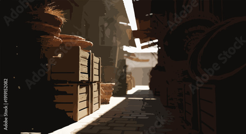 Narrow alleyway with stacked wooden crates and boxes in a dimly lit, rustic setting with warm tones.