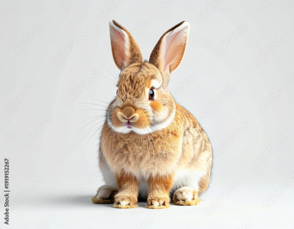Obraz premium A cute brown bunny with long ears sitting pretty. The bunny is in soft focus, against a bright backdrop 