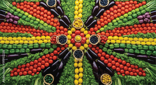Vibrant arrangement of colorful vegetables and fruits in a symmetrical pattern on a green background with a mix of warm tones.
