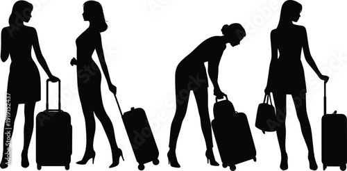 Set of elegant female traveler silhouettes in different poses carrying luggage suitcases and handbags isolated on white background for travel tourism and vacation concept designs.