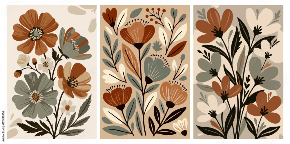 Ταπετσαρία Organic earth tone floral triptych with botanical leaves and flowers, boho vector art