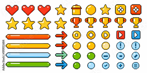 Colorful collection of pixelated game icons and user interface elements