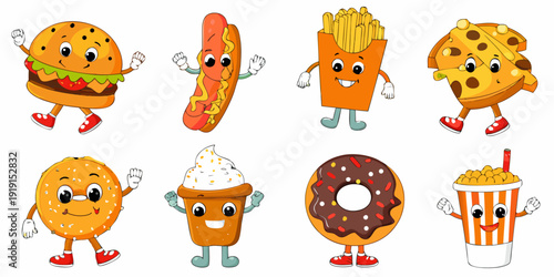 Cartoon fast food items with faces and limbs cheerfully arranged