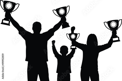 Silhouette family celebrating victory holding trophies, parents and child raising award cups, symbol of success, achievement, teamwork and winning together concept