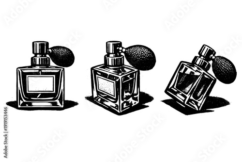 Vintage perfume bottles with atomizer bulbs displayed in a row, black and white illustration