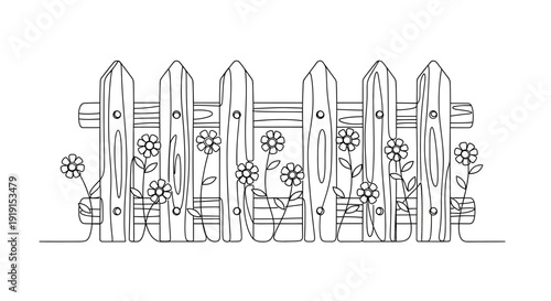 Simple Line Drawing of Fence with Flowers.