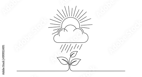 Simple Line Drawing of Plant Growing with Rain and Sun.