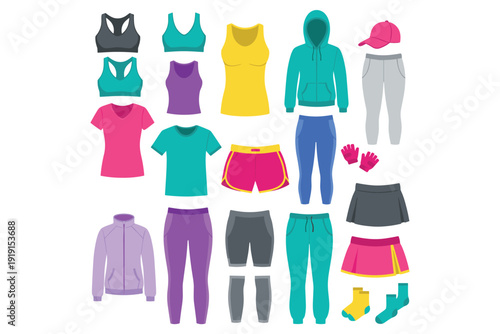 Colorful Womens Sportswear and Athletic Apparel Flat Illustrations Keywords: sportswear, athletic wear, activewear, fitness