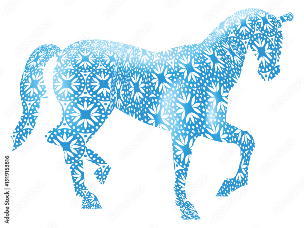 Obraz premium Blue horse silhouette filled with intricate floral ornamental pattern in a decorative style isolated on white background