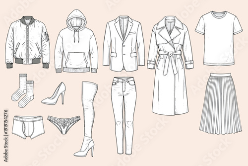 Fashion Clothing and Accessories Hand Drawn Illustration on Pastel Background Keywords: bomber jacket, hoodie, blazer, trench