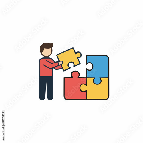 Person placing a yellow puzzle piece into a four-piece puzzle with red blue and yellow colors on a white background