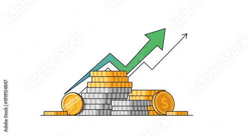 Stack of coins with green arrow pointing up symbolizing financial growth and profit increase