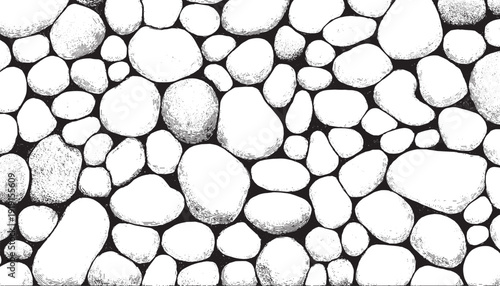 River stone wall texture, pattern of matching round organic pebbles on a vector background