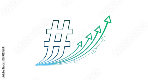 Growing trend hashtag symbol with green arrows rising upward on white background representing social media success and online popularity