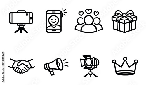 Influencer marketing icon set on dark gradient background for social media campaigns content creator branding and app ui elements