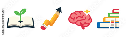 Educational growth icon set with book sprout pencil arrow brain and stacked books for learning design presentation and background