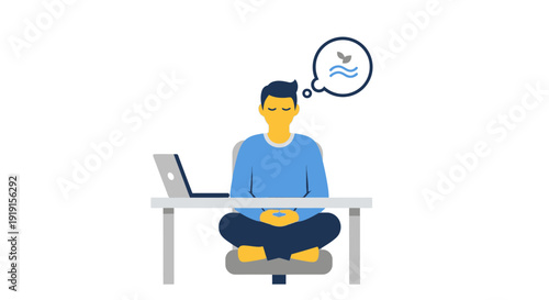 Man Meditating at Desk with Laptop.