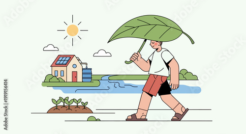 Man Walking with Green Umbrella Outside.
